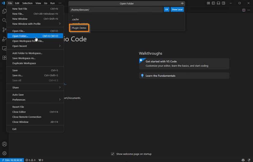 Open remote folder Open folder on remote system