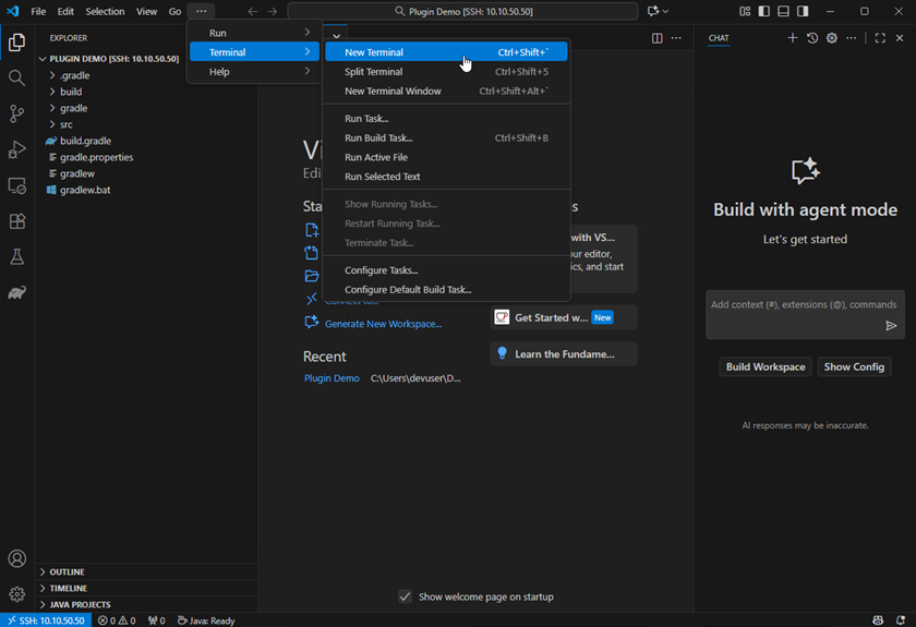 Open new terminal Open new terminal in remote Visual Studio Code