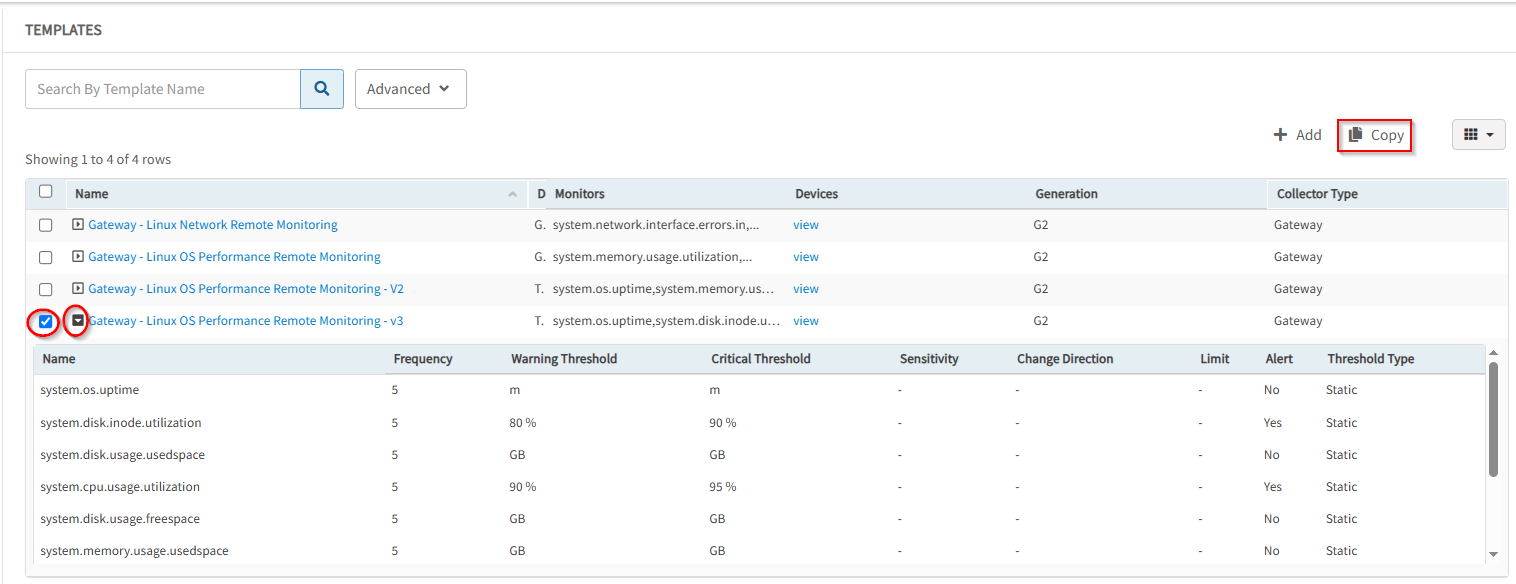 Metrics and thresholds of the monitoring template Metrics and thresholds of the monitoring template
