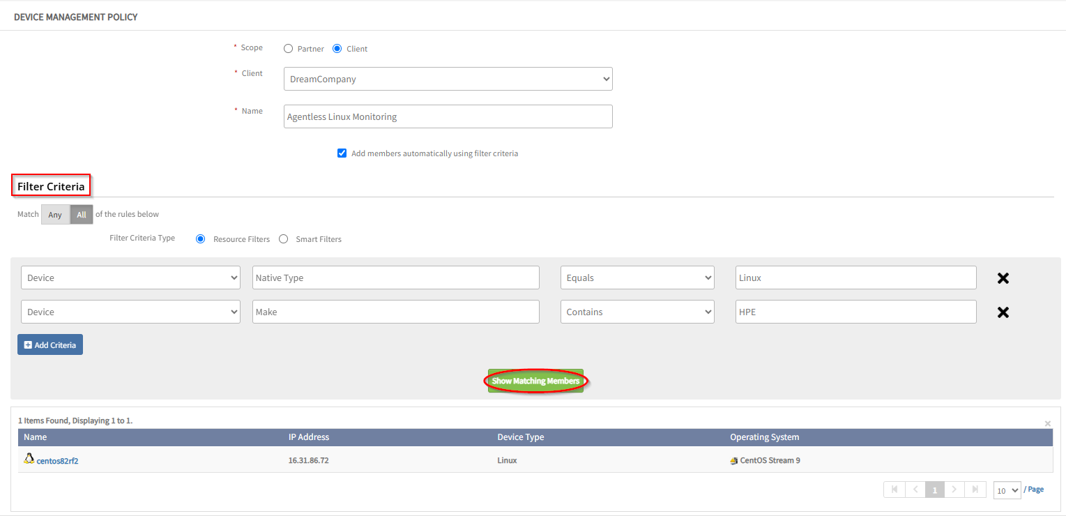 Filter criteria for the device management policy Filter criteria for the device management policy