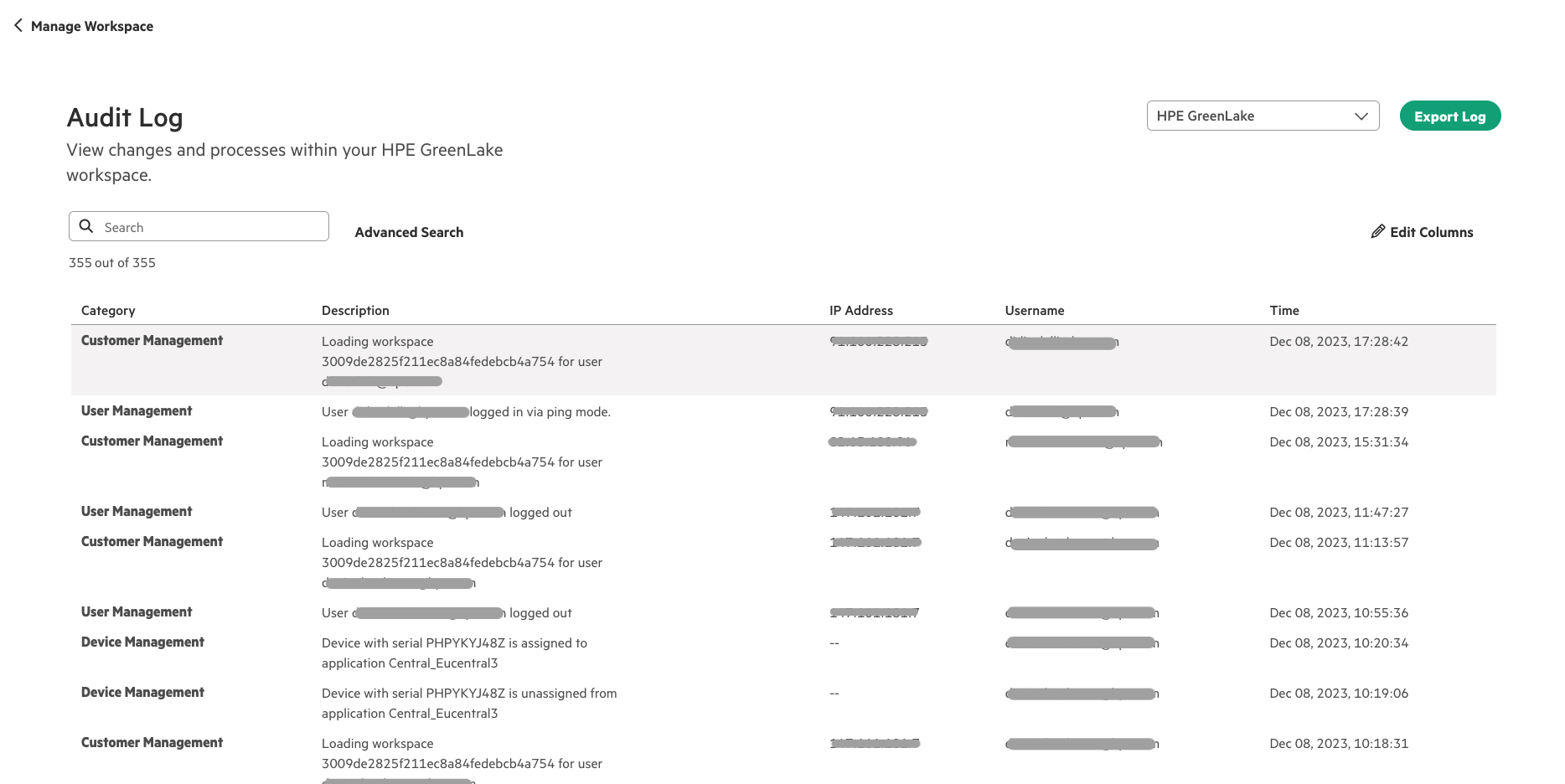 Figure 2: Audit log in HPE GreenLake cloud console Figure 2: Audit log in HPE GreenLake cloud console