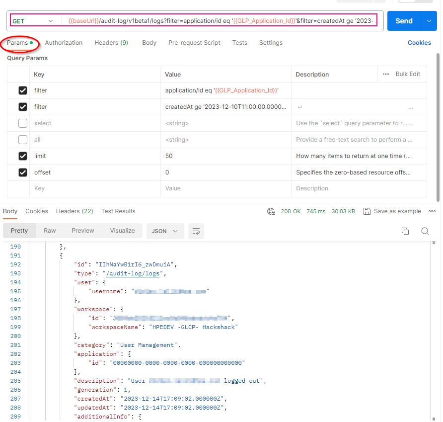 Figure 1: Audit logs for the HPE GreenLake platform in the workspace Figure 1: Audit logs for the HPE GreenLake platform in the workspace