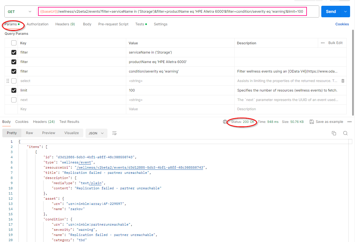 Figure 3: Retrieve list of health events for a specific service, device model and severity Figure 3: Retrieve list of health events for a specific service, device model and severity