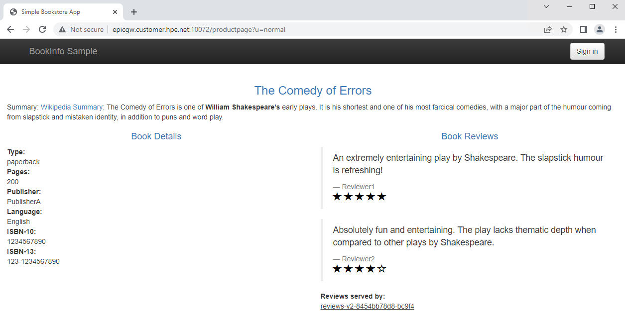 Bookinfo application productpage view