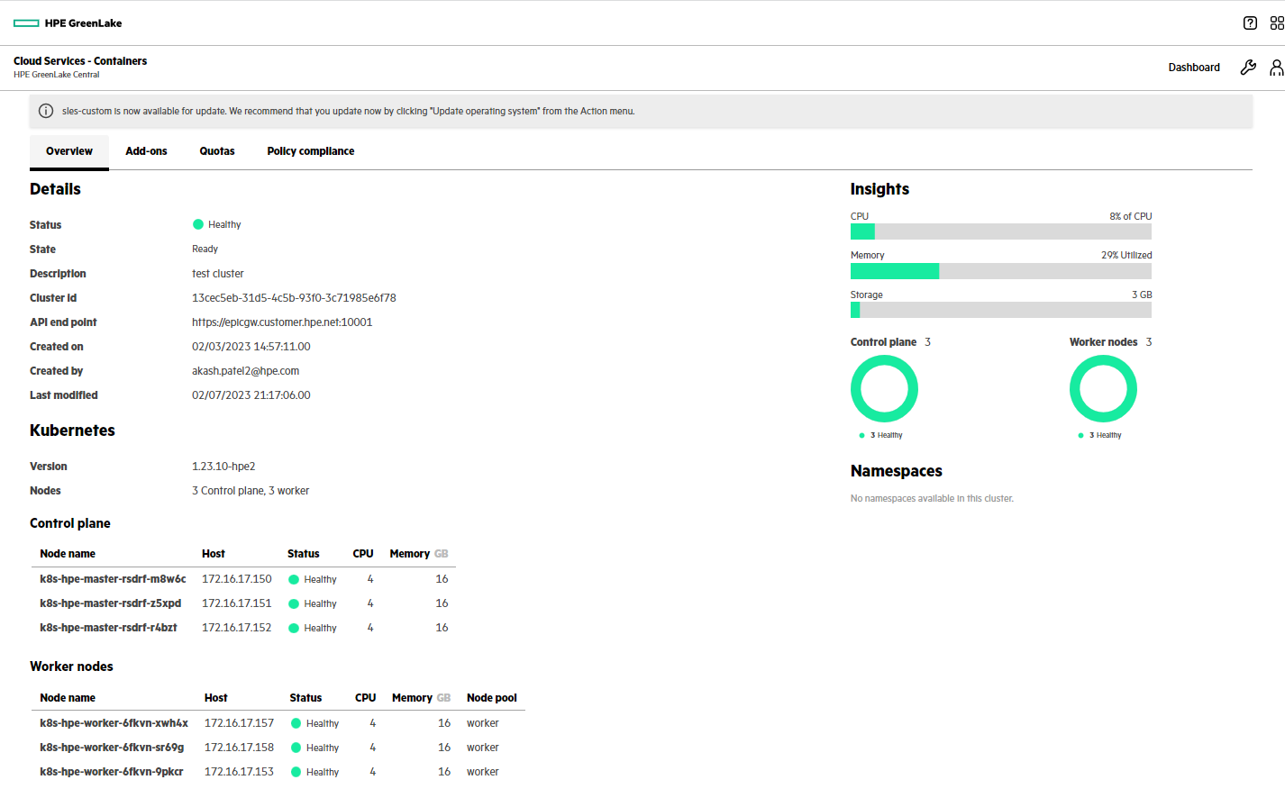 Cluster 'hpe' view