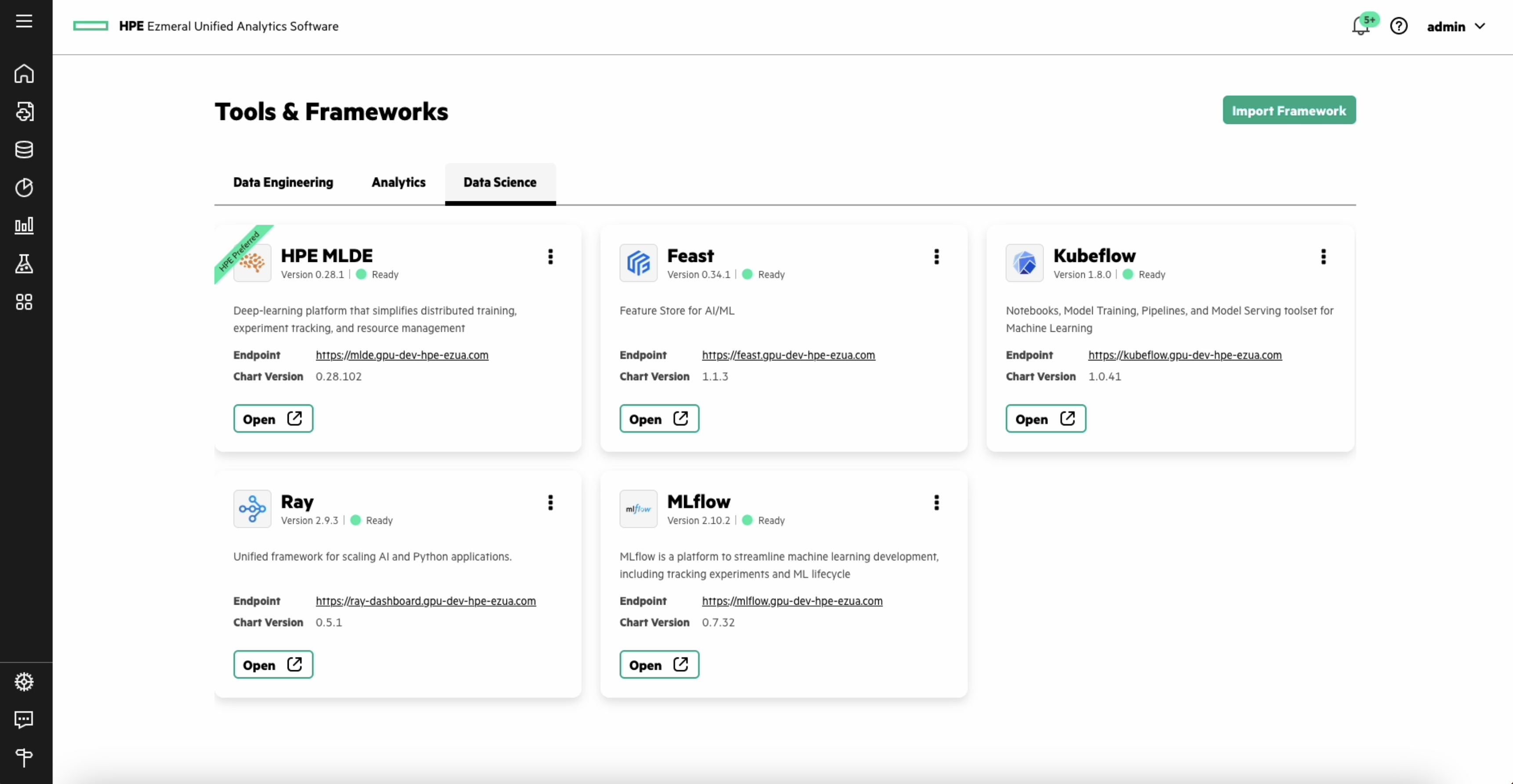 This screenshot shows the built-in ecosystem of open source tools segmented by data engineering, analytics, and data science personas. 