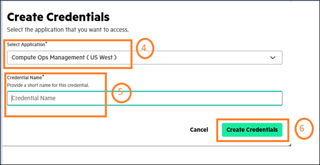 GreenLake Create Credential Dialog GreenLake Create Credential Dialog