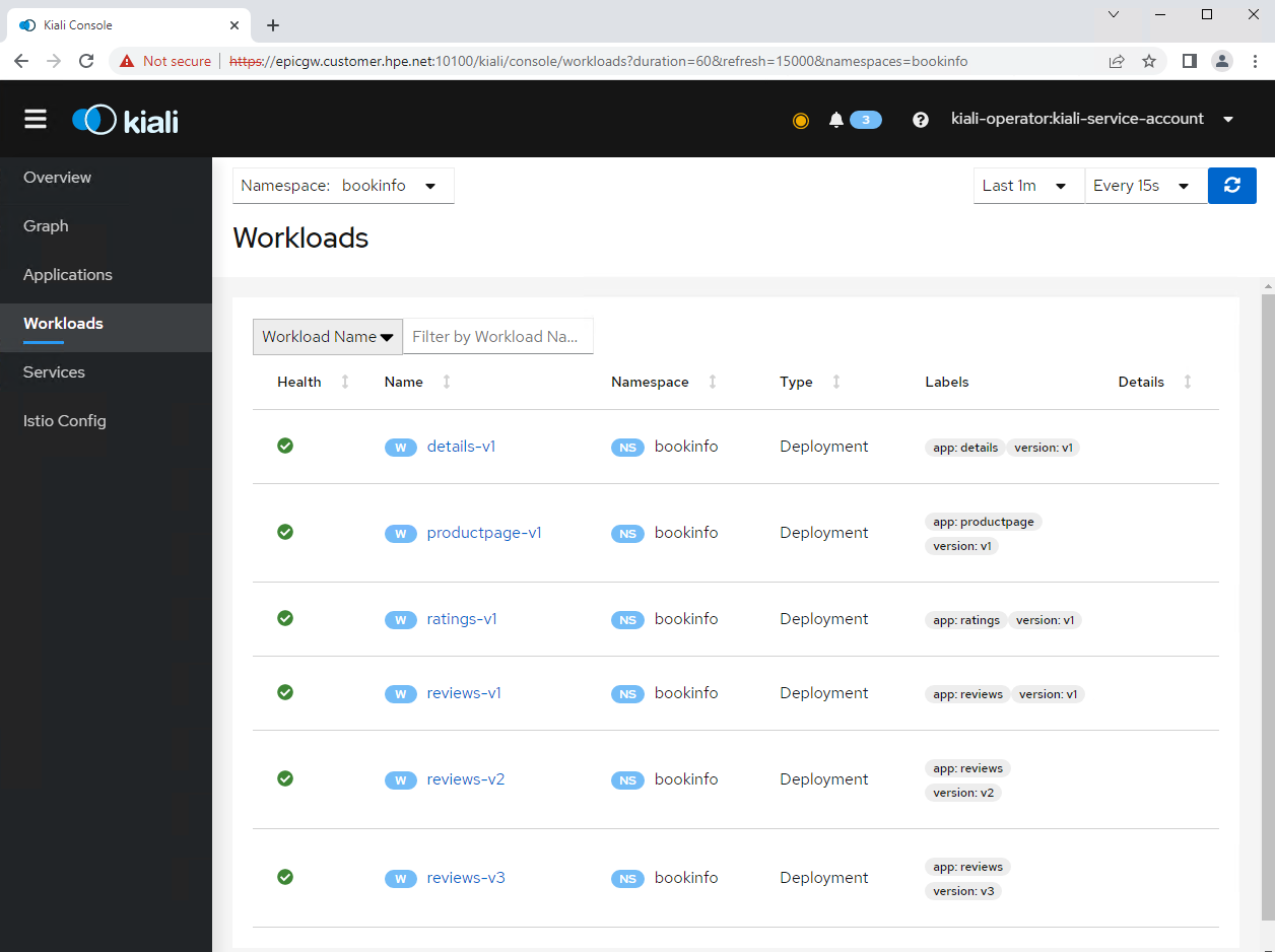 Kiali workloads view