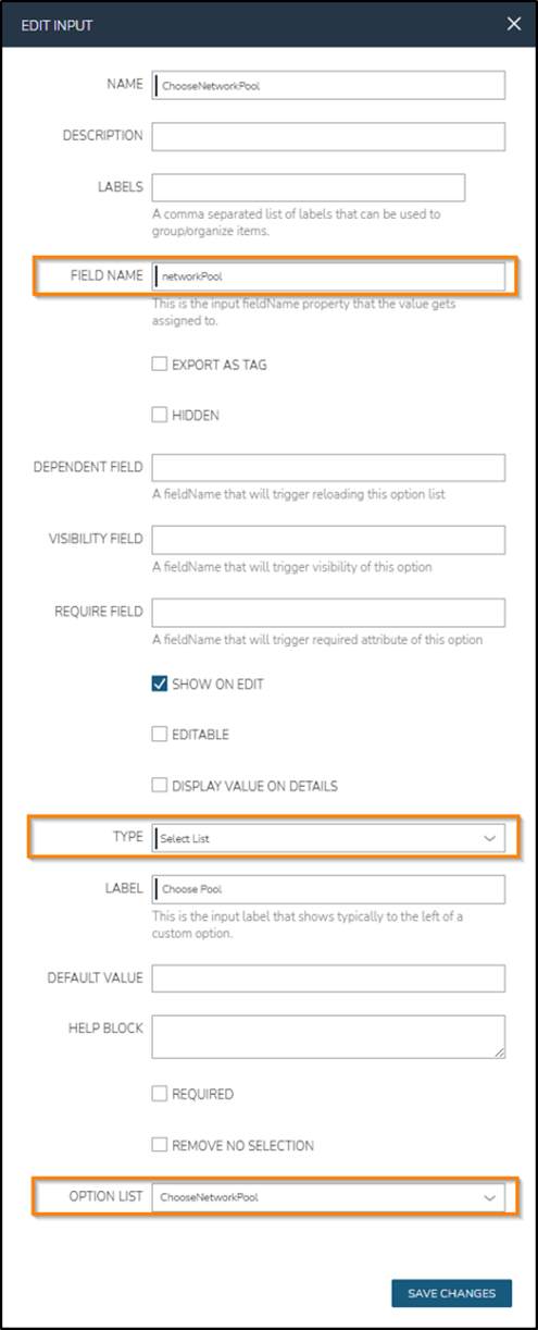 Create the form input for the Option Source